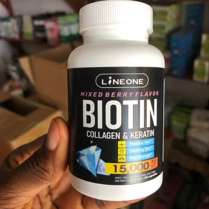 Line One Biotin Capsules with Collagen, Keratin, and MSM (15,000mcg) – Dietary Supplement for Hair, Skin, Nail, and Bone Health