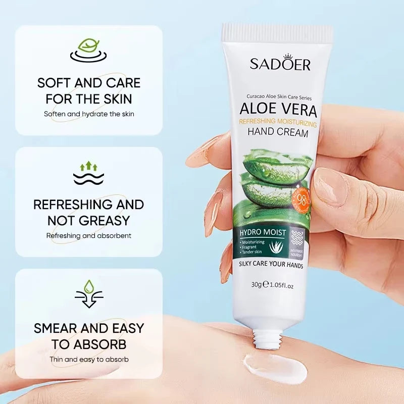 Buy 1 get 1 exrea free Aloe Vera Hand Cream Hydro Moist Refreshing Silky Texture Deep Nourishment Relieve Dry Rough Hands Portable Travel Hand Care 30g