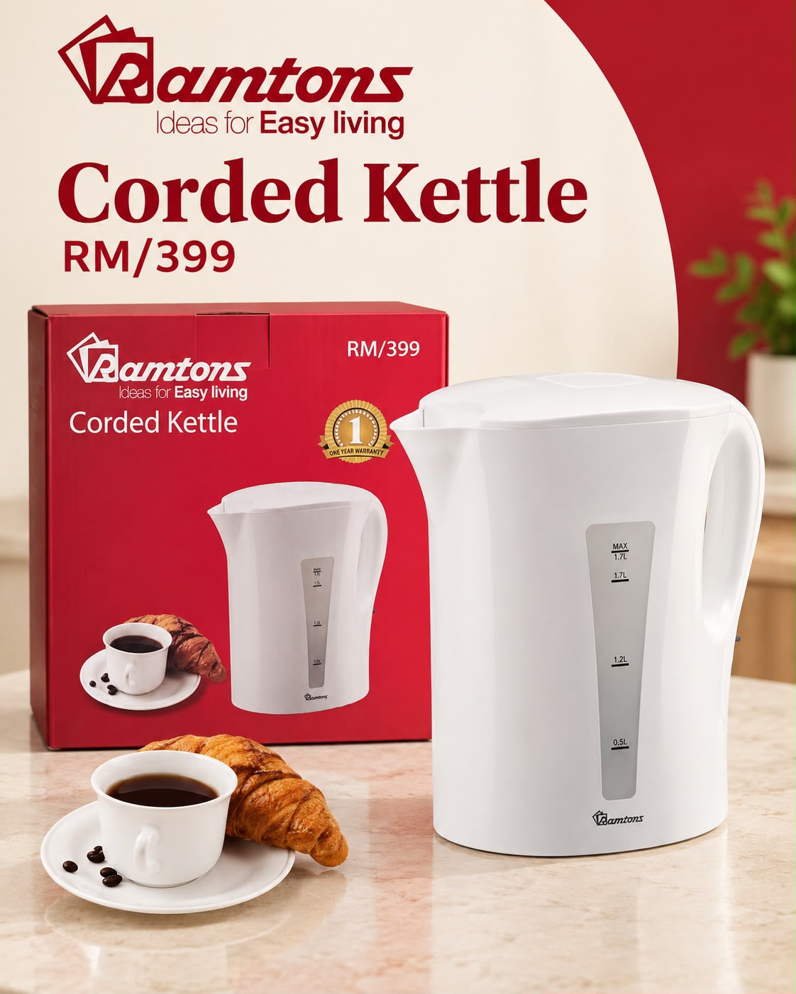 🔥 LIMITED DEAL — Ramtons RM/399 Electric Kettle 1.7L | 2200W Fast Boil + Boil-Dry Protection + Water Gauge | KSh 3400