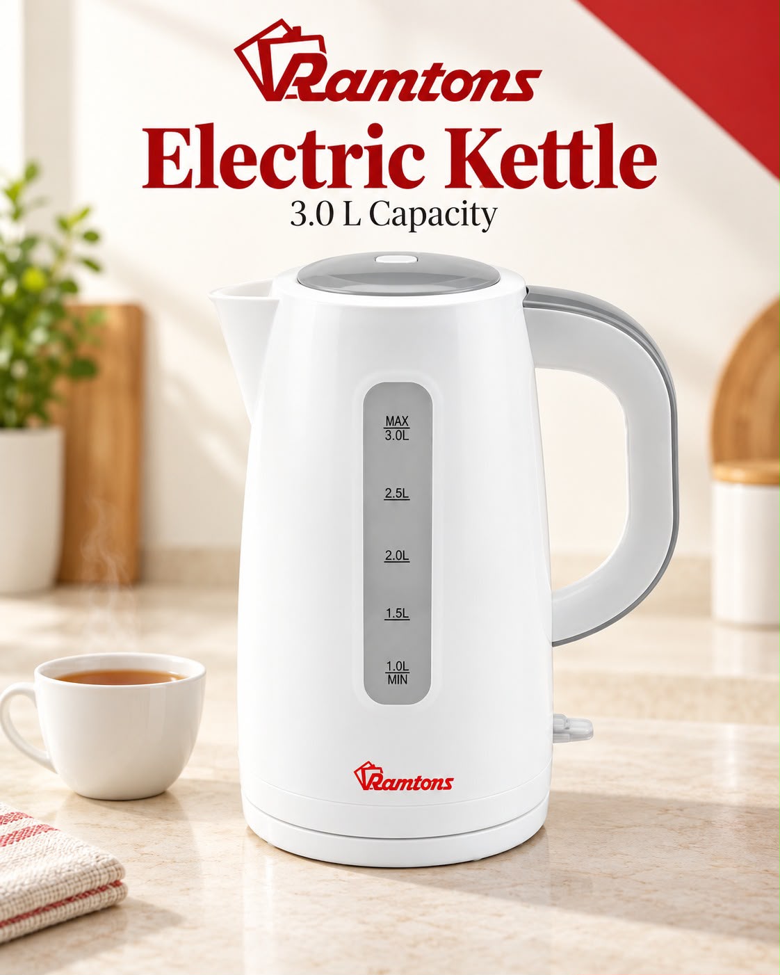 🔥 LIMITED DEAL — Ramtons 3L Electric Kettle RM/567 | 2200W Fast Boil + Auto Shut-Off + Dry-Boil Protection + Cord Storage + Family Size | KSh 4200