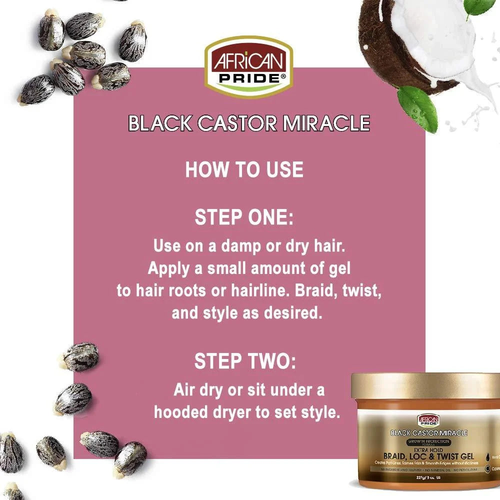 African Pride Black Castor Miracle Extra Hold Braid, Loc, & Twist Gel