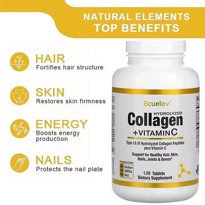 Bcuelov Hydrolyzed Collagen Peptides + Vitamin C (120 Capsules) - Nutritional Supplement for Healthy Hair, Skin and Nails